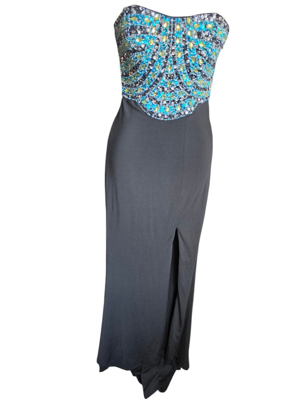 NWT Platinum Brand Strapless Beaded Formal Evening Gown -Black/Turquoise -Size 0